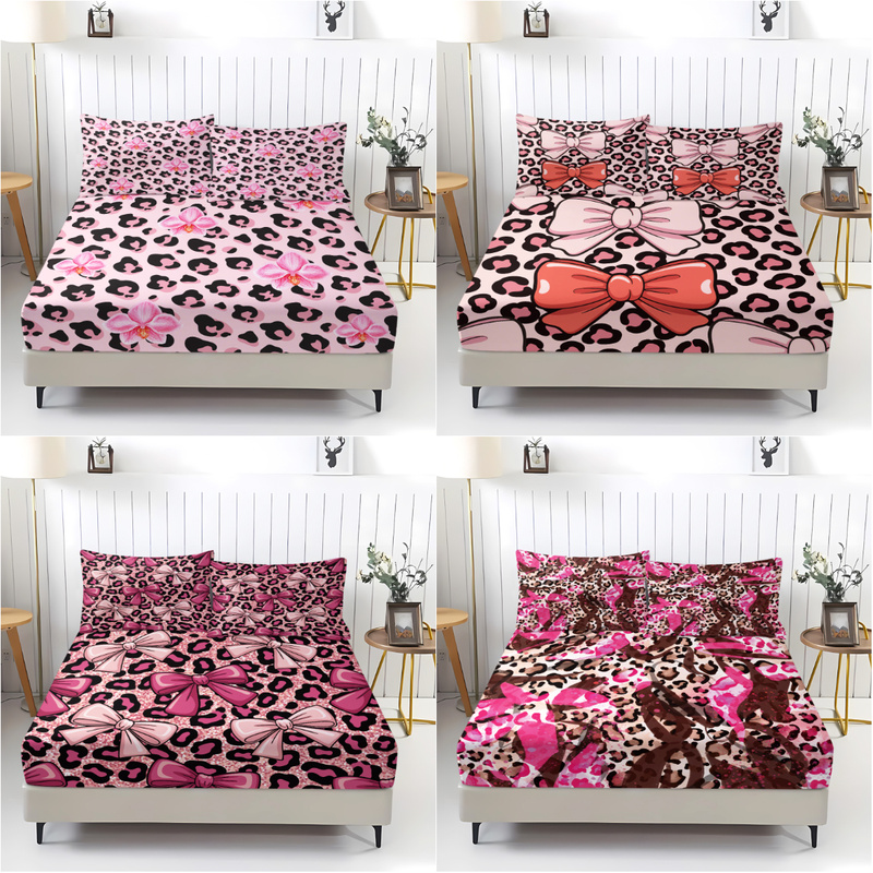 Bed Sheet Microfiber - 3pcs Pink Leopard Fitted Sheet Set